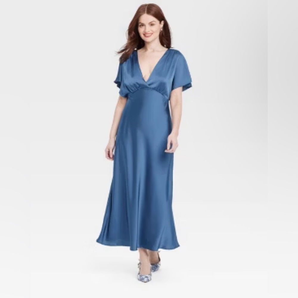 NWT A New Day Blue Satin Maxi Dress with V-Neck | Flutter Sleeve Formal Dress